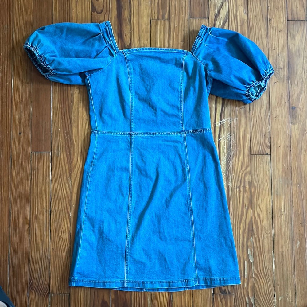 Denim Square Neck Puff Sleeve Dress